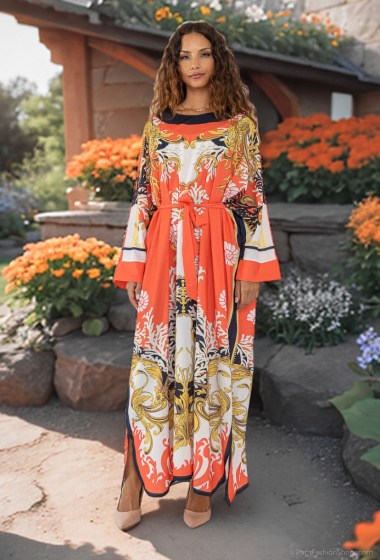 Großhändler Lusa Mode - Bedrucktes Kleid mit langen Ärmeln und fließendem Stoffgürtel