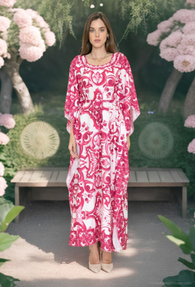 Großhändler Lusa Mode - Bedrucktes Kleid mit langen Ärmeln und fließendem Stoffgürtel