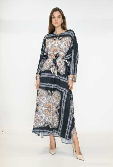 Großhändler Lusa Mode - Bedrucktes langes Kleid mit langen Ärmeln und fließendem Stoffgürtel