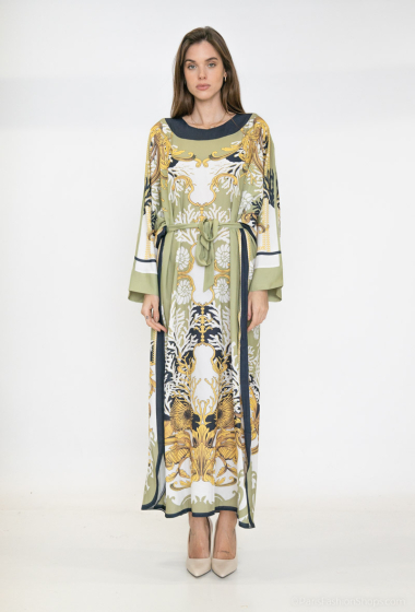 Großhändler Lusa Mode - Bedrucktes langes Kleid mit langen Ärmeln und fließendem Stoffgürtel