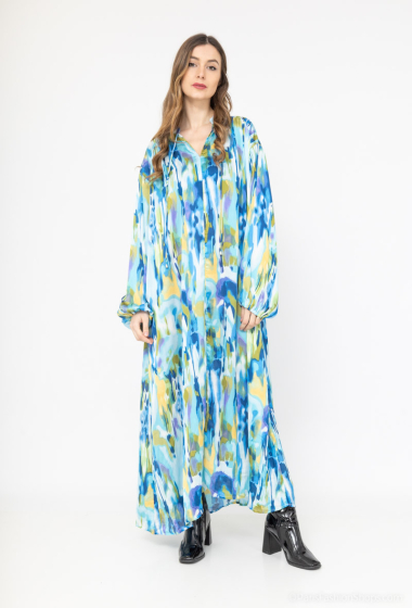 Großhändler Lusa Mode - Langes bedrucktes Kleid mit langen Ärmeln und Kragendetail