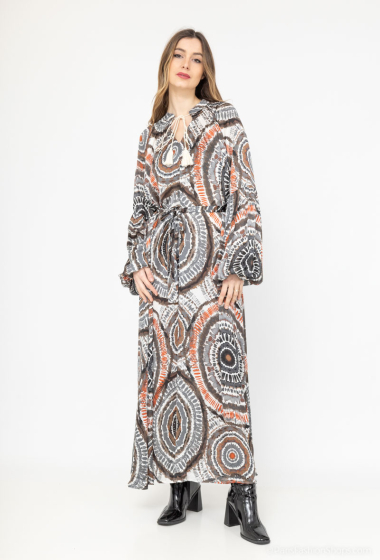 Großhändler Lusa Mode - Langes bedrucktes Kleid mit langen Ärmeln und Kragendetail