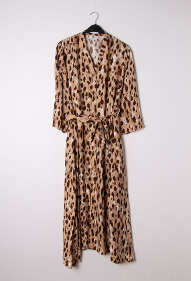 Wholesaler Lusa Mode - Long sleeve polka dot print maxi dress with linen-like fabric