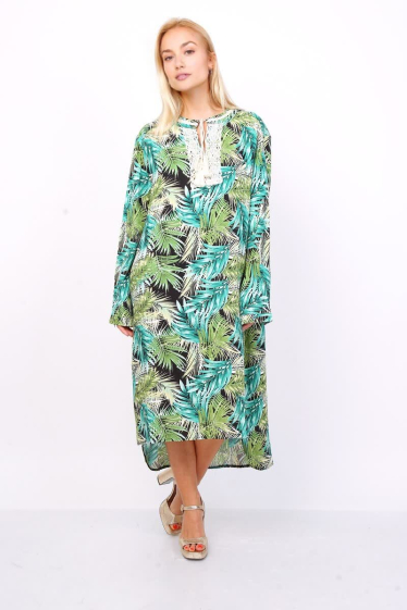 Mayorista Lusa Mode - Vestido de estampado tropical largo con bordado
