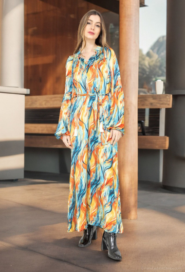 Großhändler Lusa Mode - Langes Kleid, lange Ärmel, Kragendetail