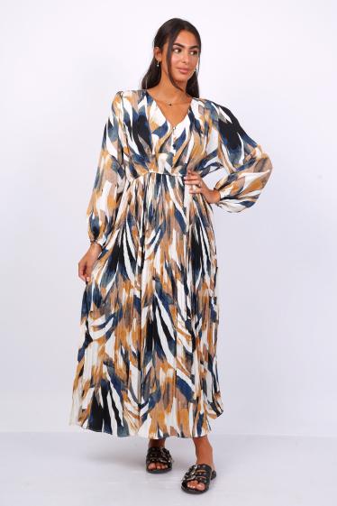 Wholesaler Lusa Mode - Printed Pleated Maxi Dress with Long Sleeves