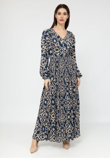 Wholesaler Lusa Mode - Printed pleated maxi dress with long sleeves