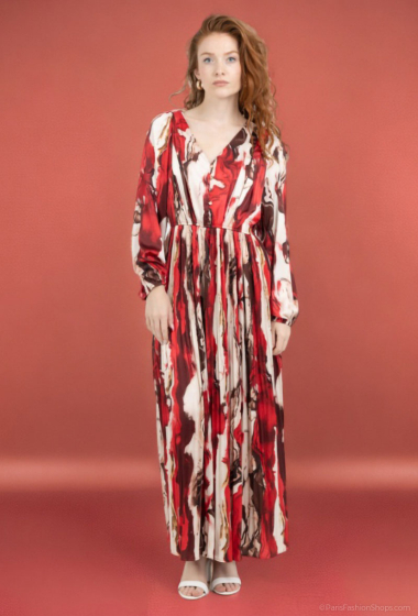 Wholesaler Lusa Mode - Bohemian printed satin pleated long dress with long sleeves