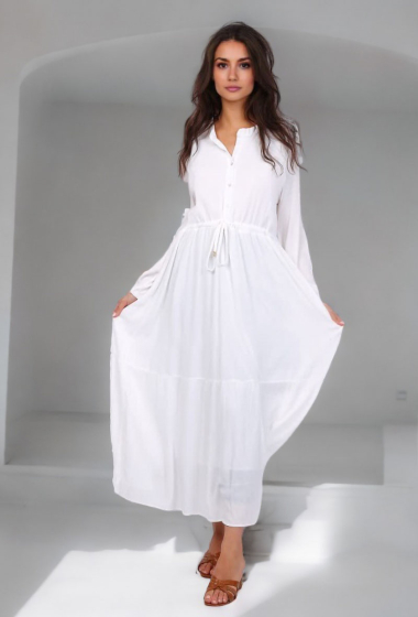Großhändler Lusa Mode - Einfaches langes Kleid mit verstellbarer Gürtel weiße Farbe mit Futter