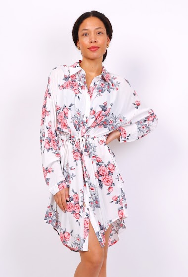 Grossistes Lusa Mode - Robe tunique fleuri avec poches latérales et ceinture ajustable