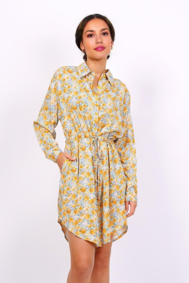Grossiste Lusa Mode - Robe tunique fleuri avec poches latérales et ceinture ajustable