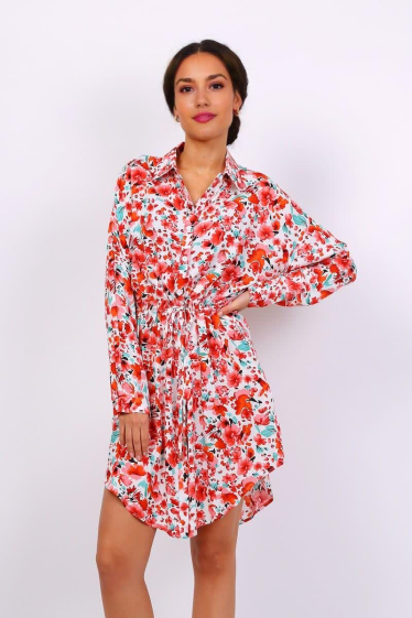 Grossiste Lusa Mode - Robe tunique fleuri avec poches latérales et ceinture ajustable