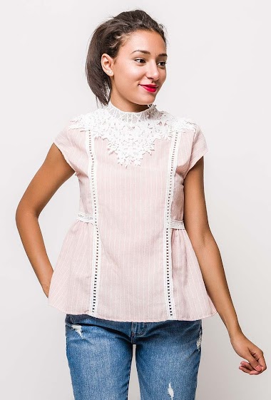 Mayorista LUZABELLE - Blusa de algodón a rayas con detalle de encaje
