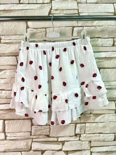 Grossiste LYCHI - Short jupe imprimer fraise en gaze coton
