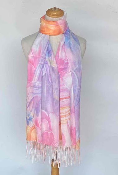 Großhändler Mac Moda - Fringed scarf with flowers and Eiffel tower print