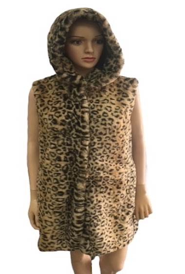 Grossiste Mac Moda - Gilet long à capuche sans manche en fausse fourrure avec imprimé léopard