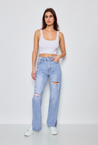 Wholesaler Marivy - Ripped straight jeans with non-stretch slit