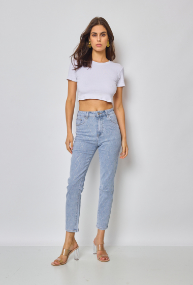 Wholesaler Marivy - Mom fit checkered rhinestone jeans