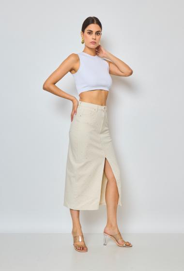 Wholesaler Marivy - Front slit stretch skirt with rhinestones