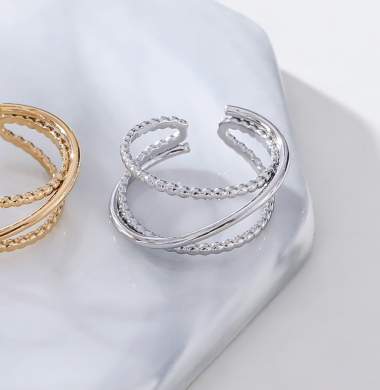 Wholesaler Eclat Paris - Double line silver ring in rhinestones and crossed line