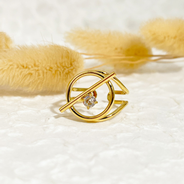 Wholesaler Eclat Paris - Golden barred circle ring with rhinestones