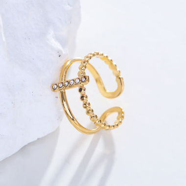 Wholesaler Eclat Paris - Double line gold ring with rhinestone bar