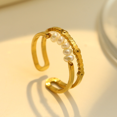 Wholesaler Eclat Paris - Double Line Golden Ring with Pearl