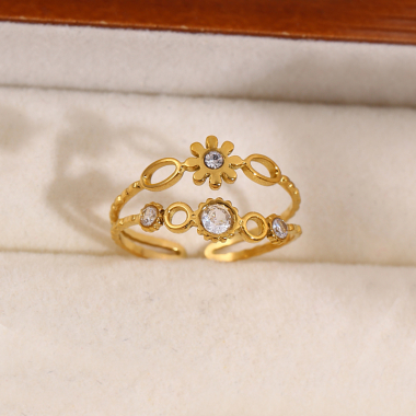 Wholesaler Eclat Paris - Double Line Golden Ring With Rhinestones and Circle