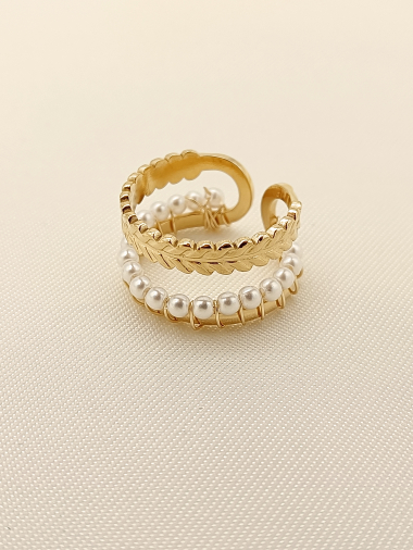 Wholesaler Eclat Paris - Golden double lines leaf and pearl ring