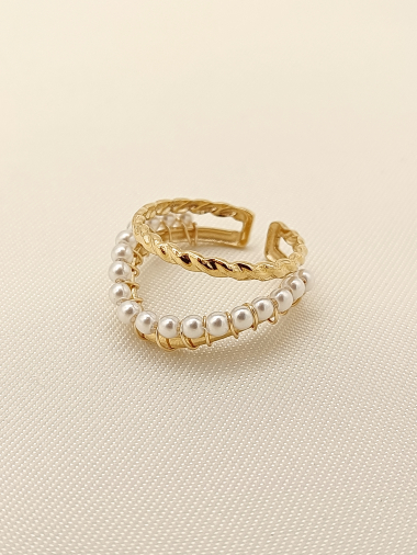 Wholesaler Eclat Paris - Golden double braided lines ring with pearls