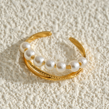 Wholesaler Eclat Paris - Golden cross line ring with synthetic pearl