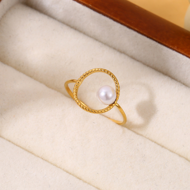 Wholesaler Eclat Paris - Golden Line Ring with Circle and Pearl