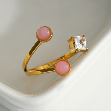 Wholesaler Eclat Paris - Gold line ring with pink stone and zirconium oxide