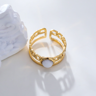 Wholesaler Eclat Paris - Golden braid lines ring with white stone