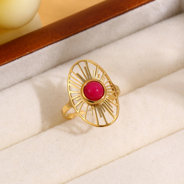 Wholesaler Eclat Paris - Golden oval sun ring with fuchsia stone