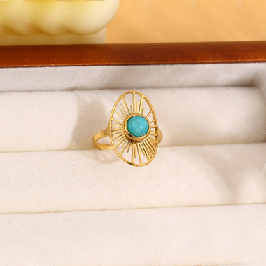 Wholesaler Eclat Paris - Golden oval sun ring with turquoise stone