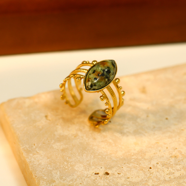 Wholesaler Eclat Paris - Golden Triple Line Ring With Green African Stone