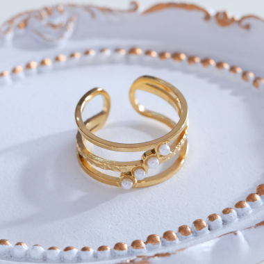 Wholesaler Eclat Paris - Gold triple line ring with quadruple pearls