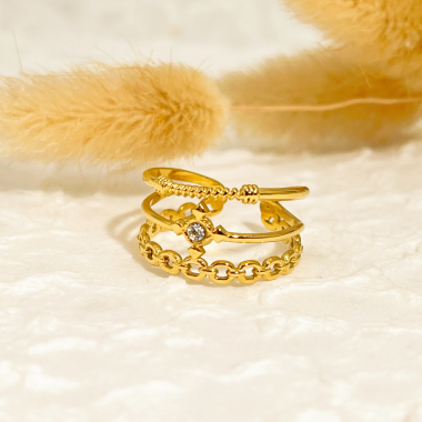 Wholesaler Eclat Paris - Golden triple line ring with rhinestones