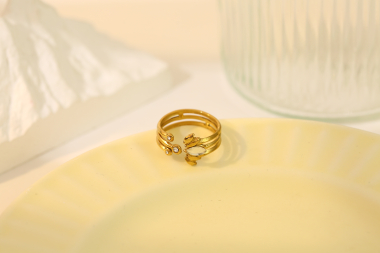 Wholesaler Eclat Paris - Gold triple line ring with rhinestones, front opening