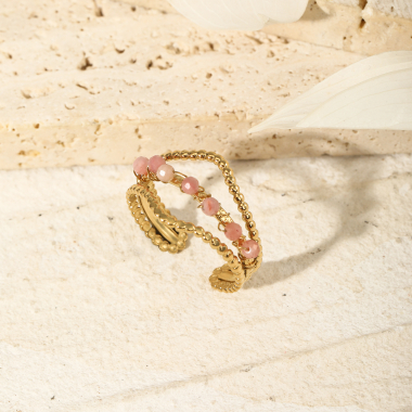 Wholesaler Eclat Paris - Gold triple lines ring with pink pearls