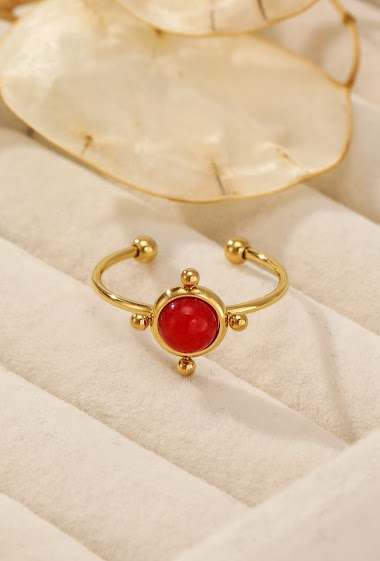 Grossiste Eclat Paris - Bague dorée ajustable avec perle rouge