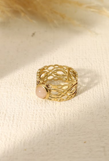 Großhändler Eclat Paris - Gekreuzter runder Gold-Mullit-Ring mit rosa Stein