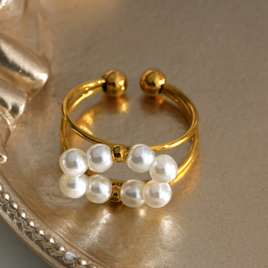 Wholesaler Eclat Paris - Adjustable gold line ring with synthetic pearls