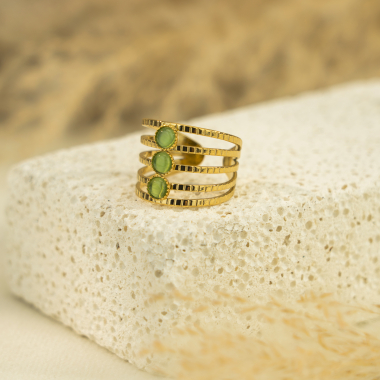 Wholesaler Eclat Paris - Gold multi line triple green rhinestone ring