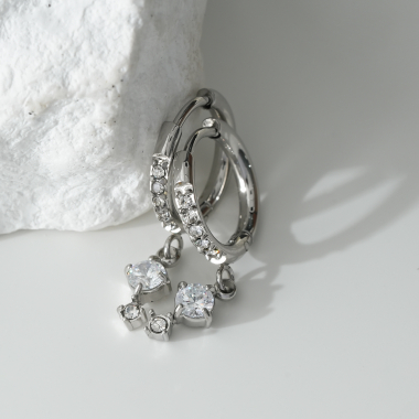 Wholesaler Eclat Paris - Silver small rhinestone hoop earrings with dangling rhinestones