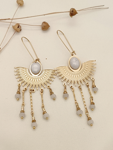 Wholesaler Eclat Paris - Bohemian golden fan earrings with stone and white pearls