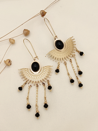 Wholesaler Eclat Paris - Bohemian golden fan earrings with stone and black pearls