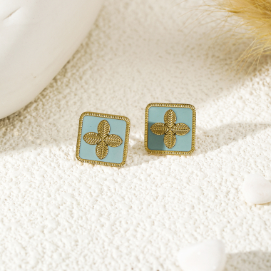 Wholesaler Eclat Paris - Blue square earrings with clovers