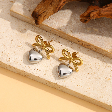 Wholesaler Eclat Paris - Silver Heart and Gold Bow Earrings